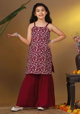 Maroon Embroidered Silk Kurta Set For Girls