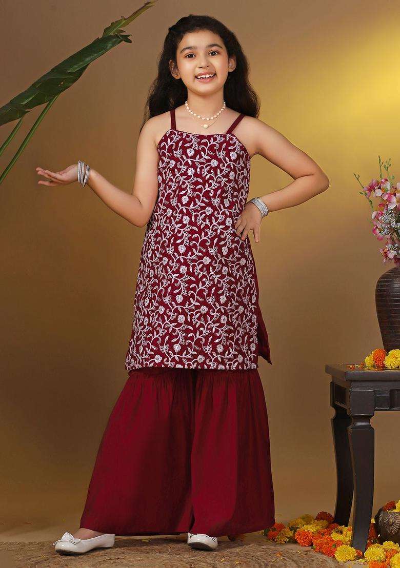 Maroon Embroidered Silk Kurta Set For Girls - Indya