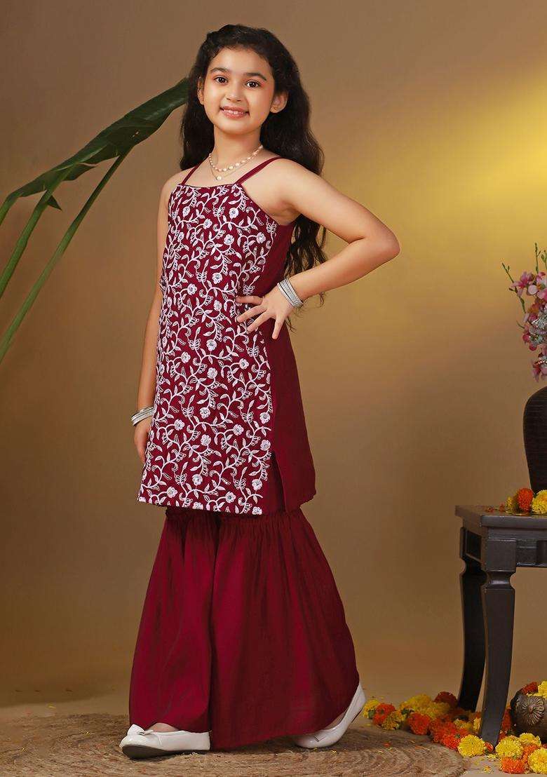 Maroon Embroidered Silk Kurta Set For Girls - Indya