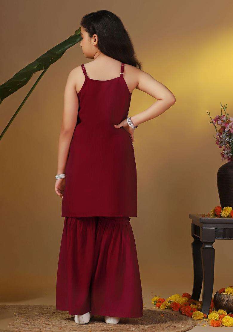 Maroon Embroidered Silk Kurta Set For Girls - Indya