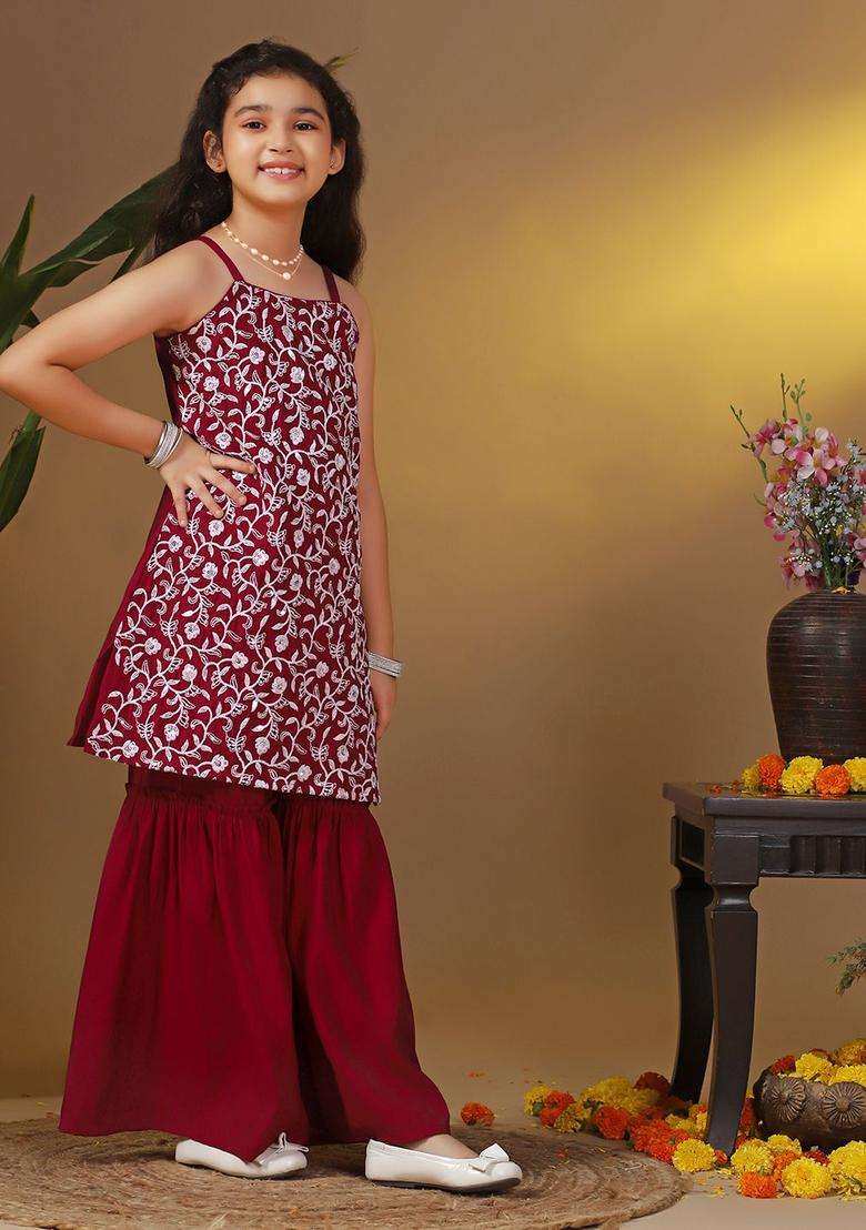 Maroon Embroidered Silk Kurta Set For Girls - Indya