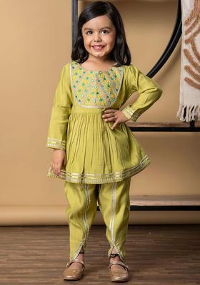 Green Embroidered Silk Kurta Set For Girls