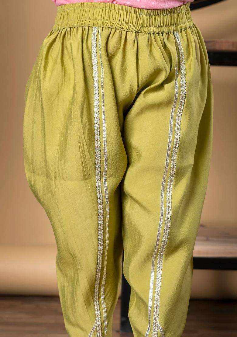 Green Embroidered Silk Kurta Set For Girls - Indya