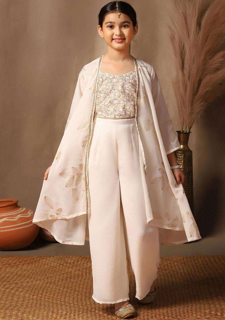 Off White Embroidered Georgette Kurta Set For Girls - Indya
