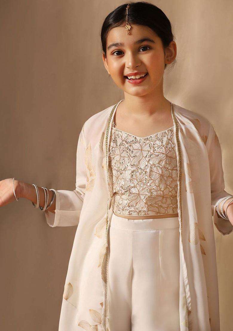 Off White Embroidered Georgette Kurta Set For Girls - Indya