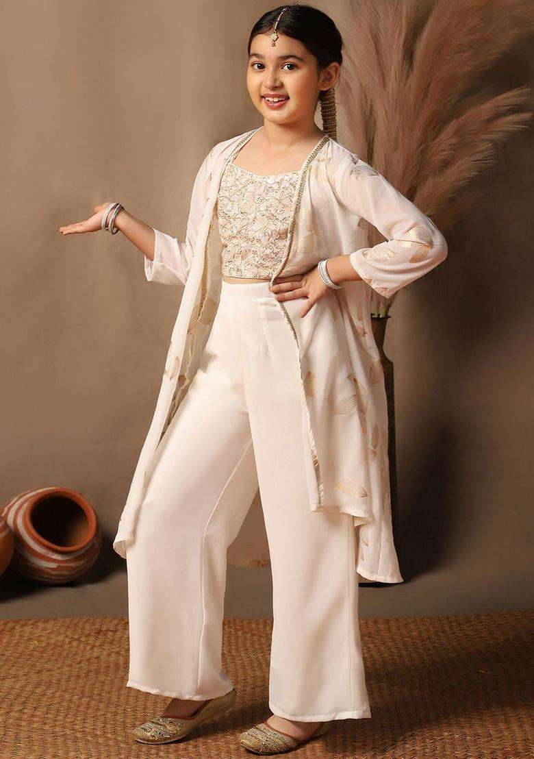 Off White Embroidered Georgette Kurta Set For Girls - Indya