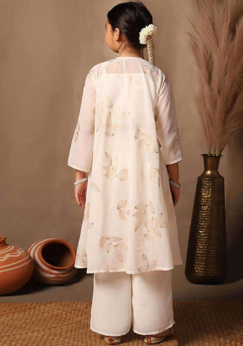 Off White Embroidered Georgette Kurta Set For Girls - Indya
