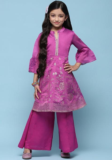 Pink Printed Polyester Kurta Set For Girls — view on Indya