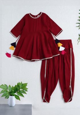 Maroon Solid Polyester Kurta Set For Girls