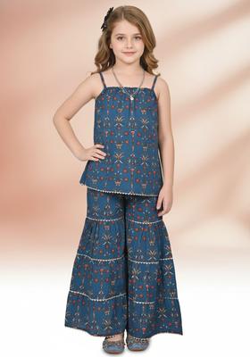 Navy Blue Printed Cotton Kurta Set For Girls