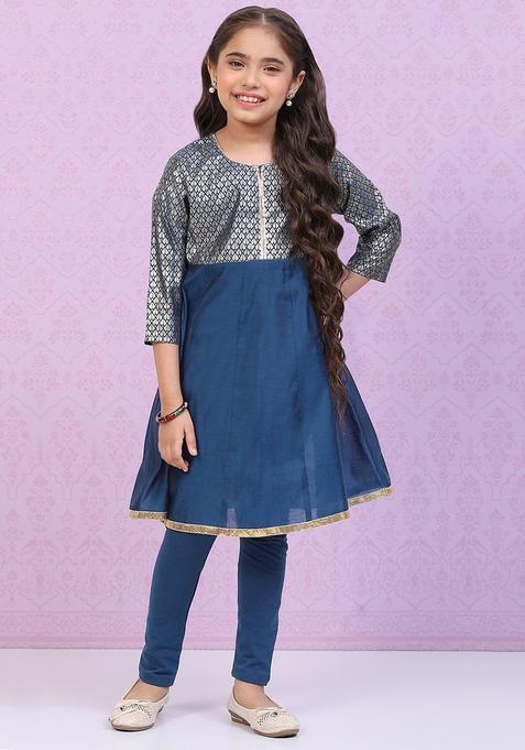 Blue Printed Polyester Kurta Set For Girls — view on Indya