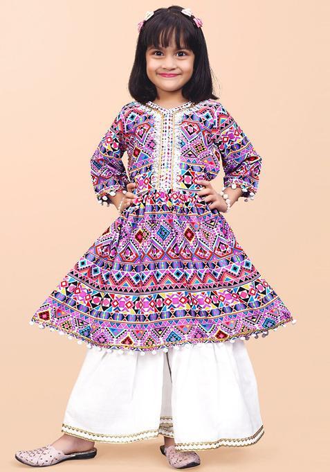 Purple Printed Cotton Anarkali Kurta Set For Girls — view on Indya