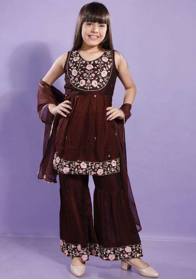 Brown Embroidered Silk Anarkali Kurta Set For Girls - Indya