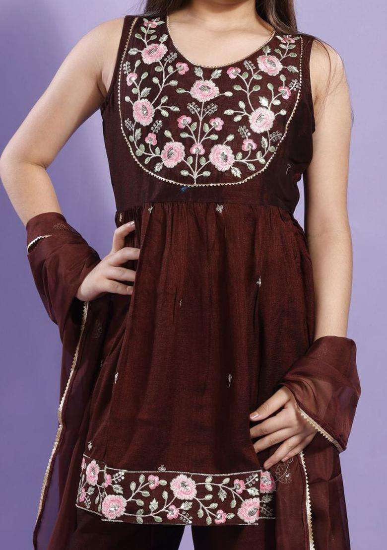Brown Embroidered Silk Anarkali Kurta Set For Girls - Indya