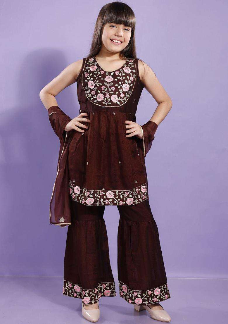 Brown Embroidered Silk Anarkali Kurta Set For Girls - Indya