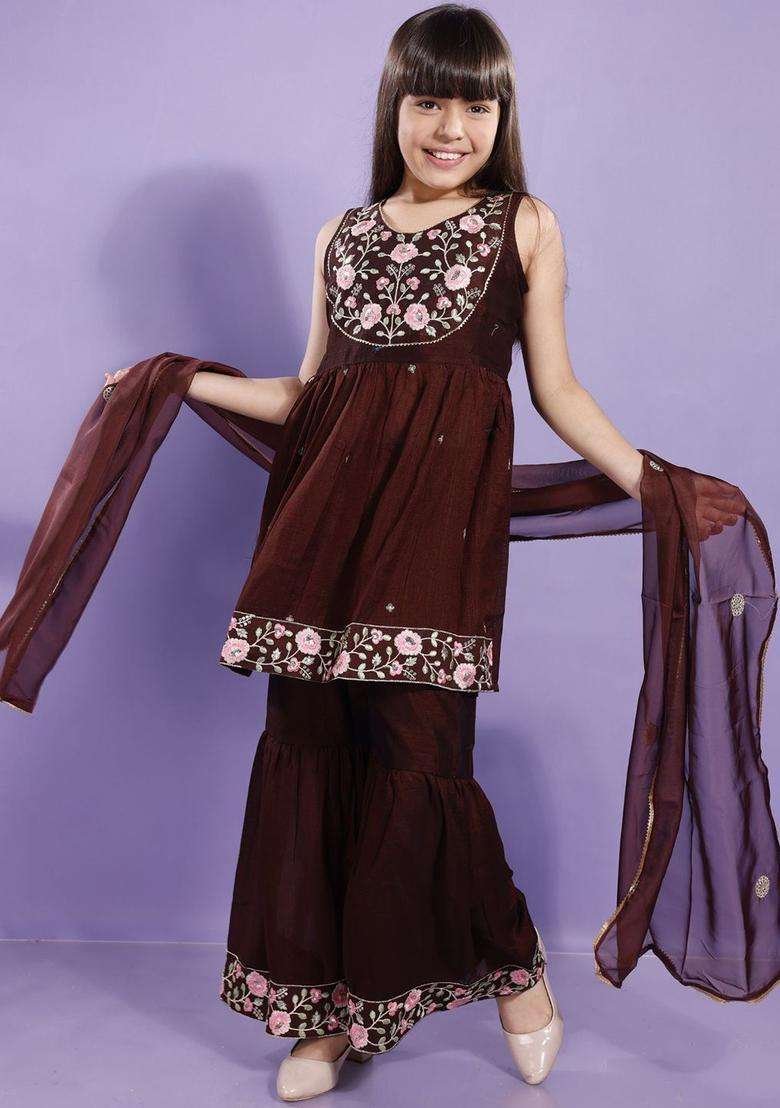 Brown Embroidered Silk Anarkali Kurta Set For Girls - Indya