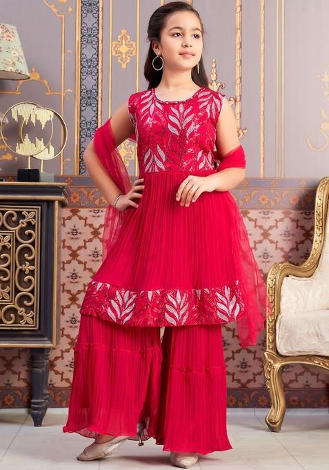 Pink Georgette Kurta Set For Girls — view on Indya