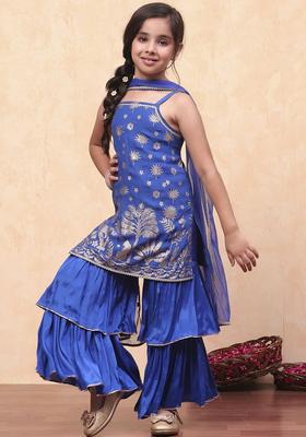 Blue Printed Polyester Kurta Set For Girls