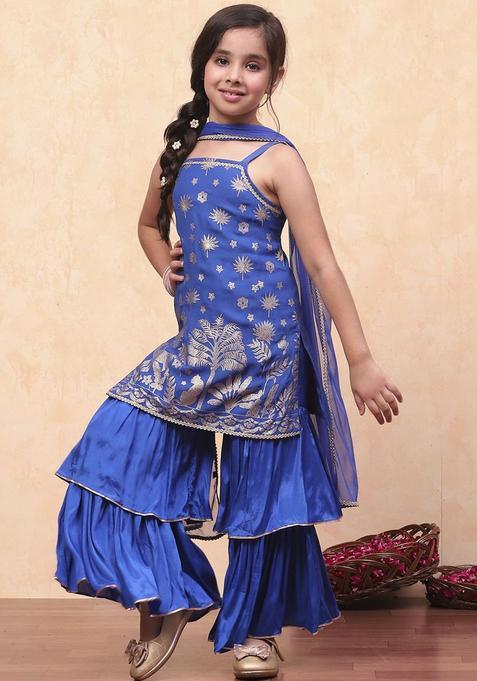 Blue Printed Polyester Kurta Set For Girls — view on Indya