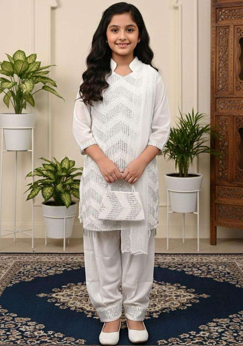 White Embroidered Georgette Kurta Set For Girls - Indya