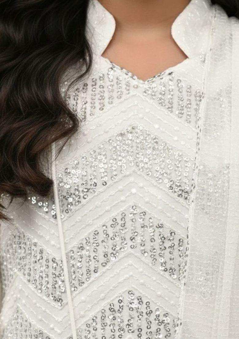 White Embroidered Georgette Kurta Set For Girls - Indya
