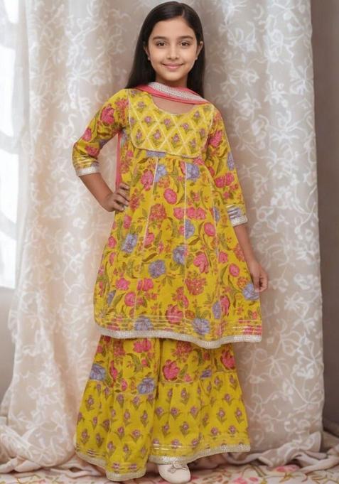 Yellow Printed Cotton Kurta Set For Girls — view on Indya