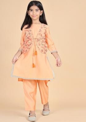 Orange Solid Silk Kurta Set For Girls