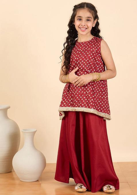 Maroon Printed Polyester Kurta Set For Girls — view on Indya