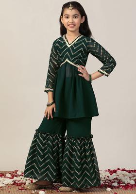 Green Printed Georgette Kurta Set For Girls