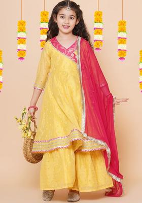 Yellow Woven Design Silk Anarkali Kurta Set For Girls