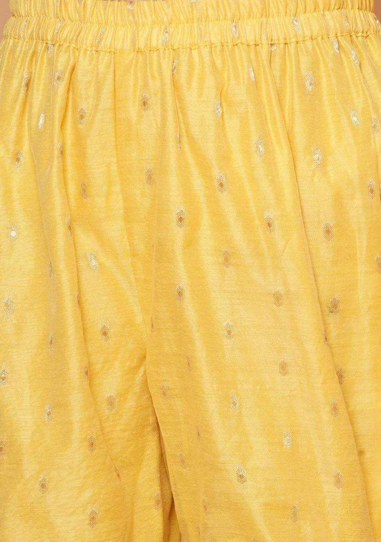 Yellow Woven Design Silk Anarkali Kurta Set For Girls - Indya