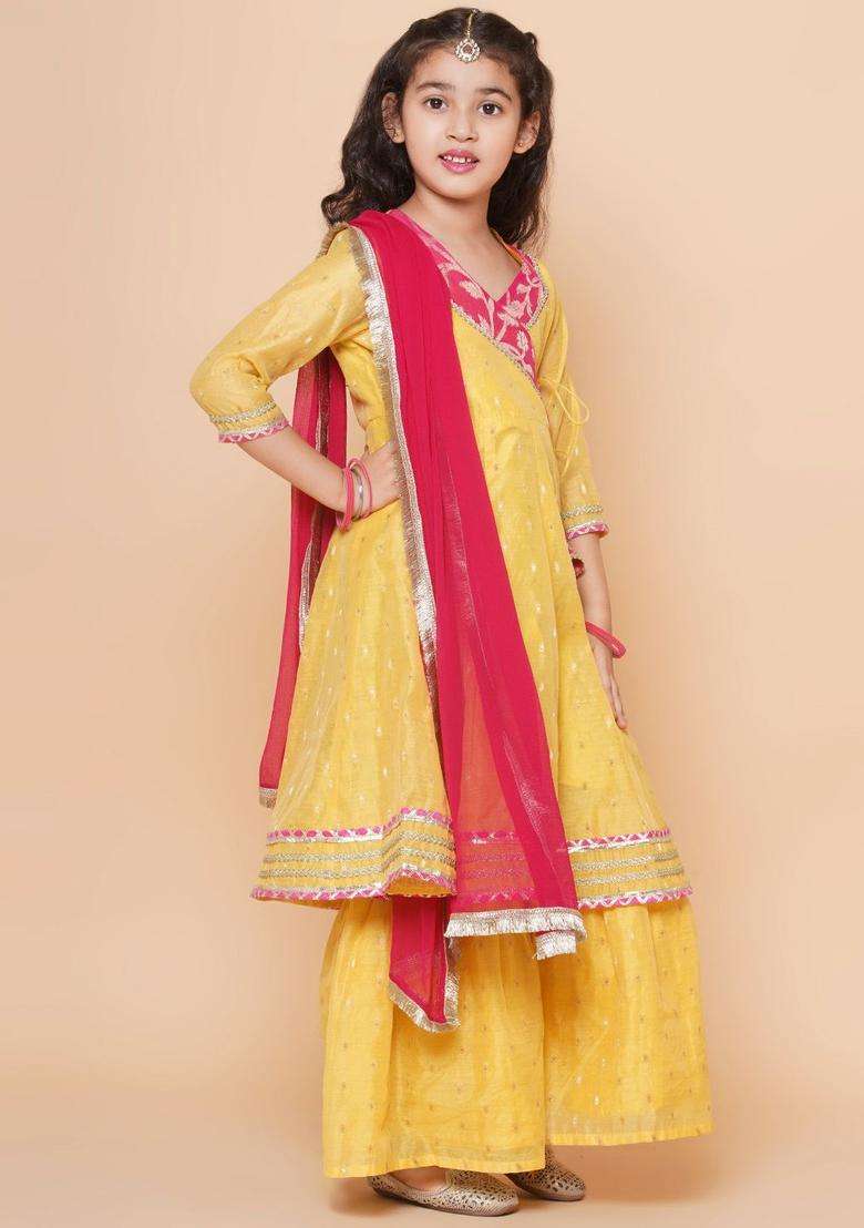 Yellow Woven Design Silk Anarkali Kurta Set For Girls - Indya