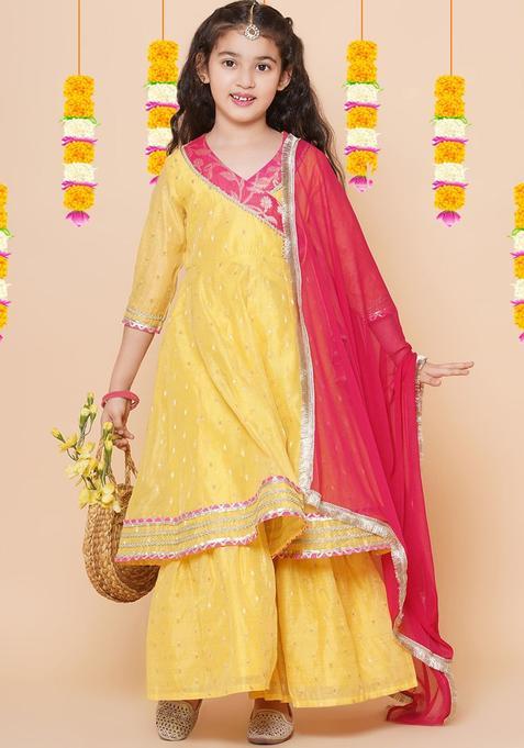 Yellow Woven Design Silk Anarkali Kurta Set For Girls — view on Indya