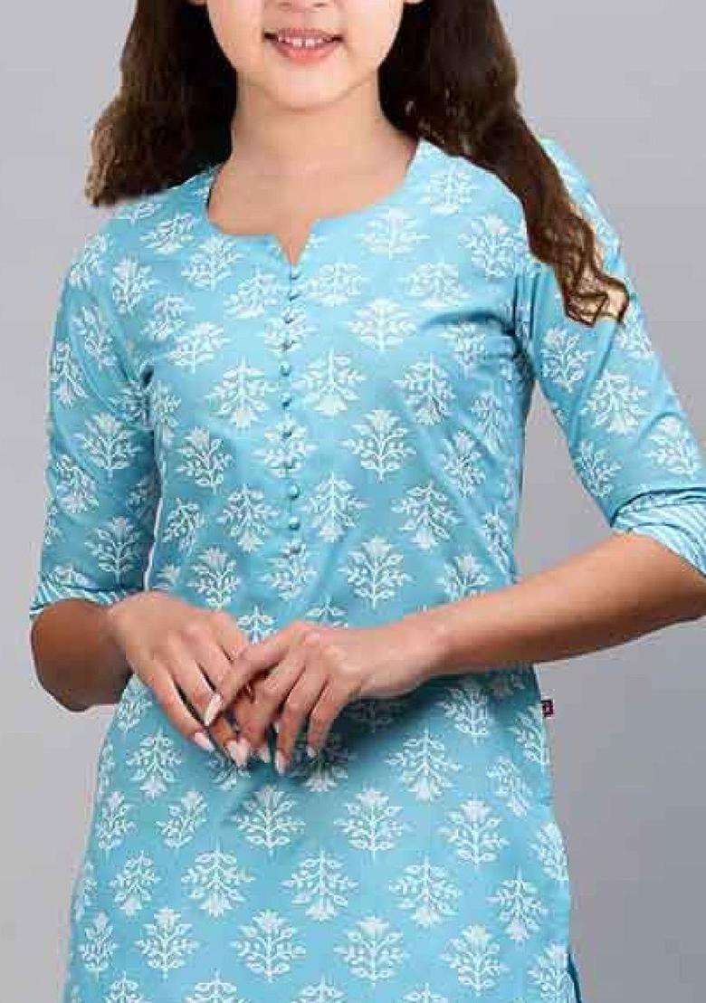 Blue Printed Silk Kurta Set For Girls - Indya
