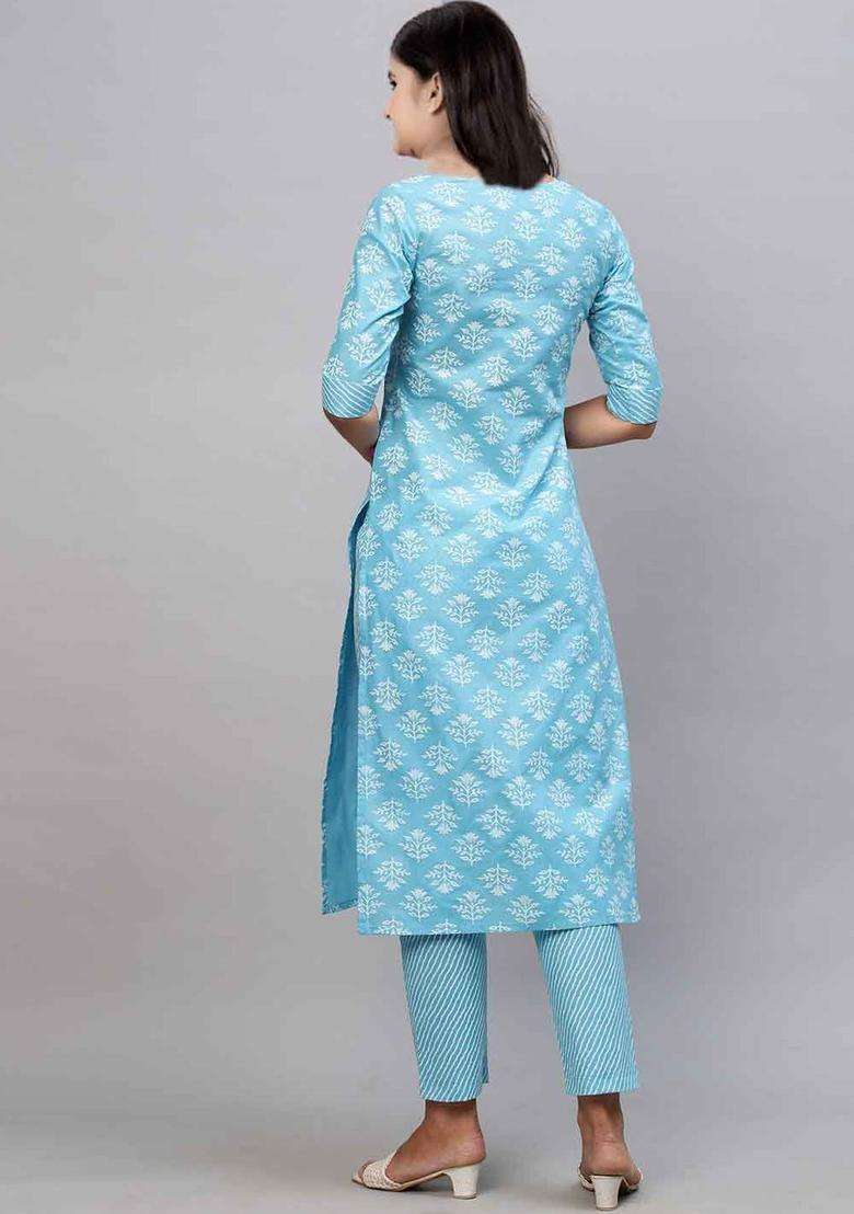 Blue Printed Silk Kurta Set For Girls - Indya