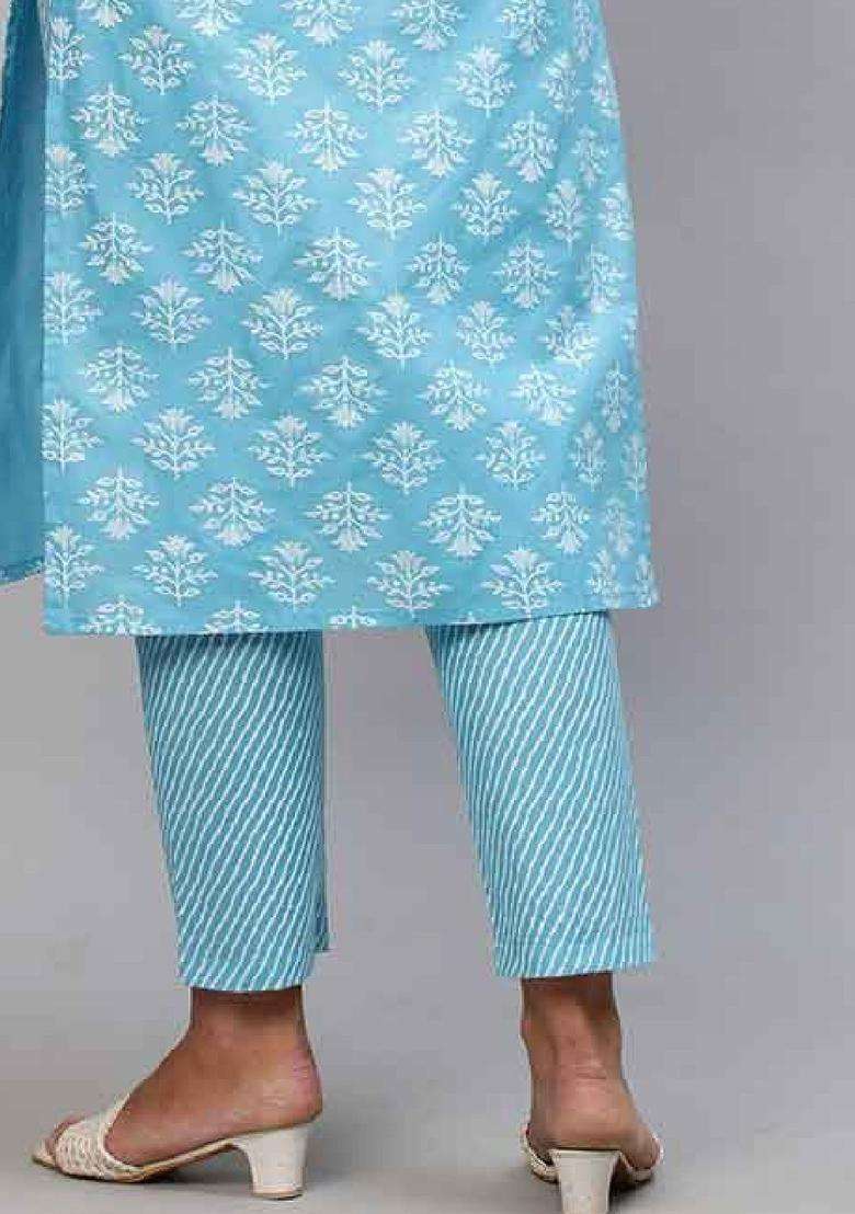 Blue Printed Silk Kurta Set For Girls - Indya