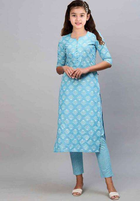 Blue Printed Silk Kurta Set For Girls