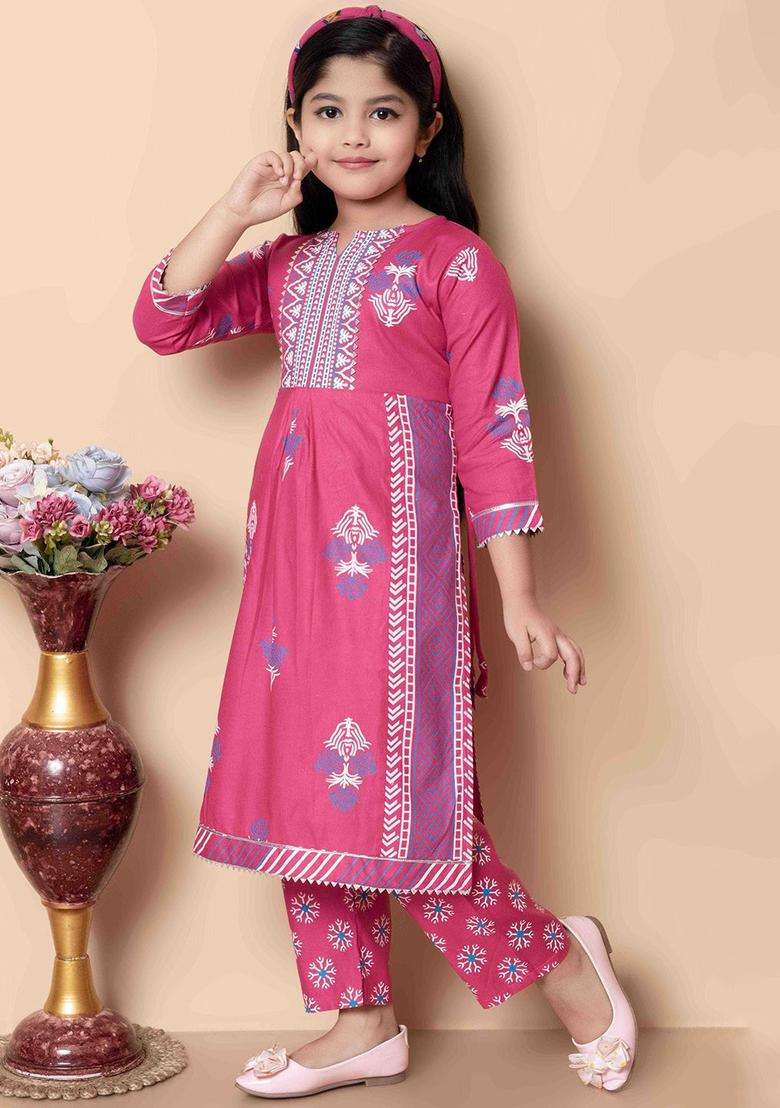 Pink Printed Viscose Kurta Set For Girls - Indya