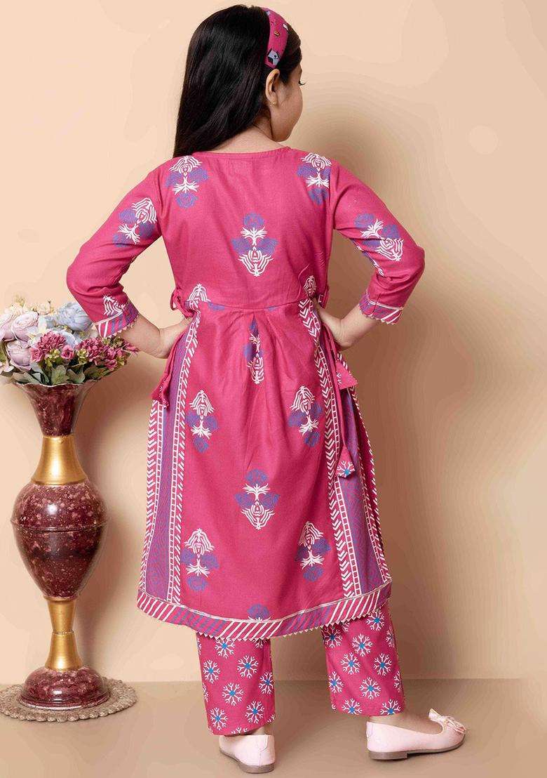 Pink Printed Viscose Kurta Set For Girls - Indya