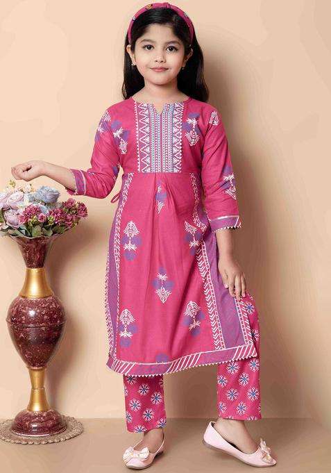 Pink Printed Viscose Kurta Set For Girls