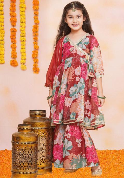 Maroon Printed Silk Kurta Set For Girls — view on Indya