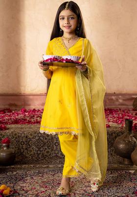 Yellow Embroidered Silk Kurta Set For Girls