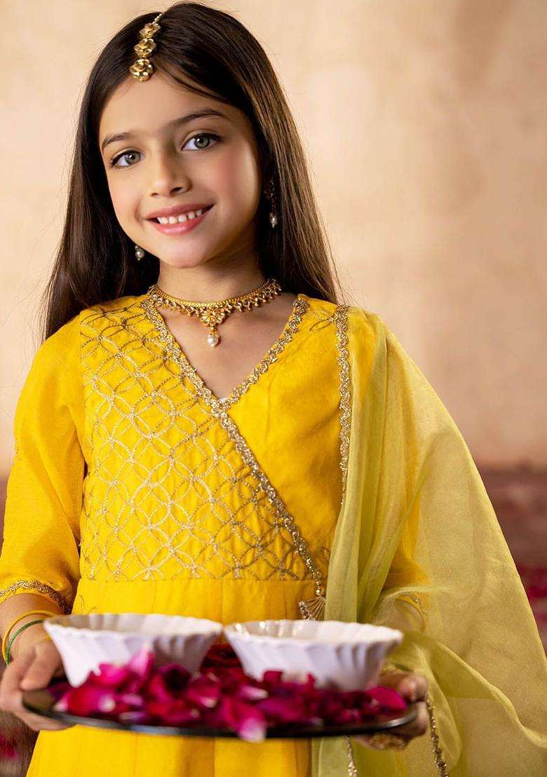 Yellow Embroidered Silk Kurta Set For Girls - Indya