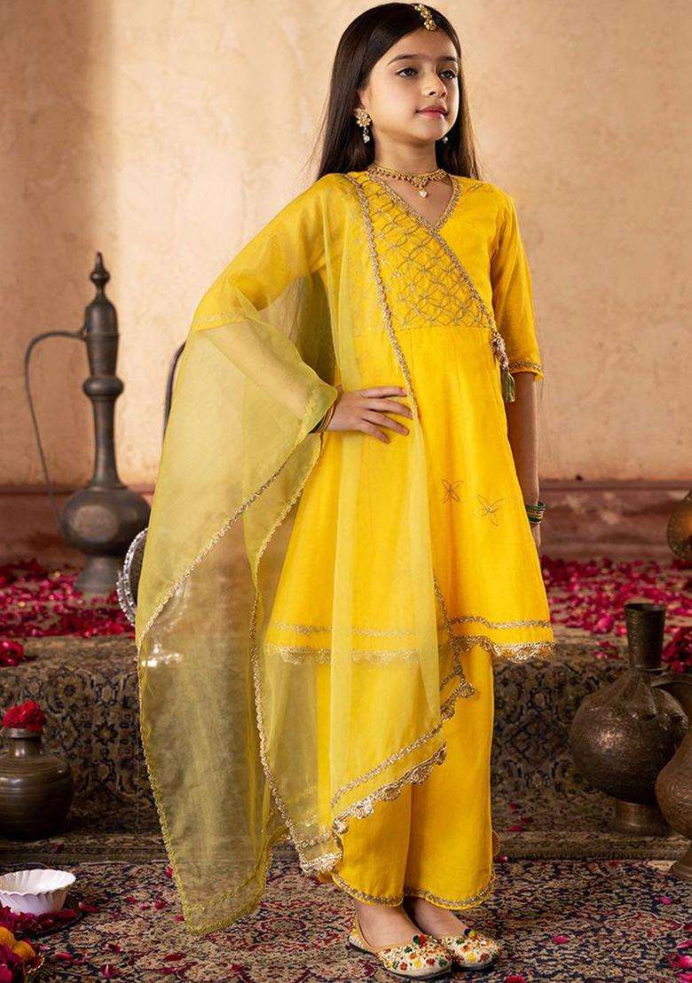 Yellow Embroidered Silk Kurta Set For Girls - Indya