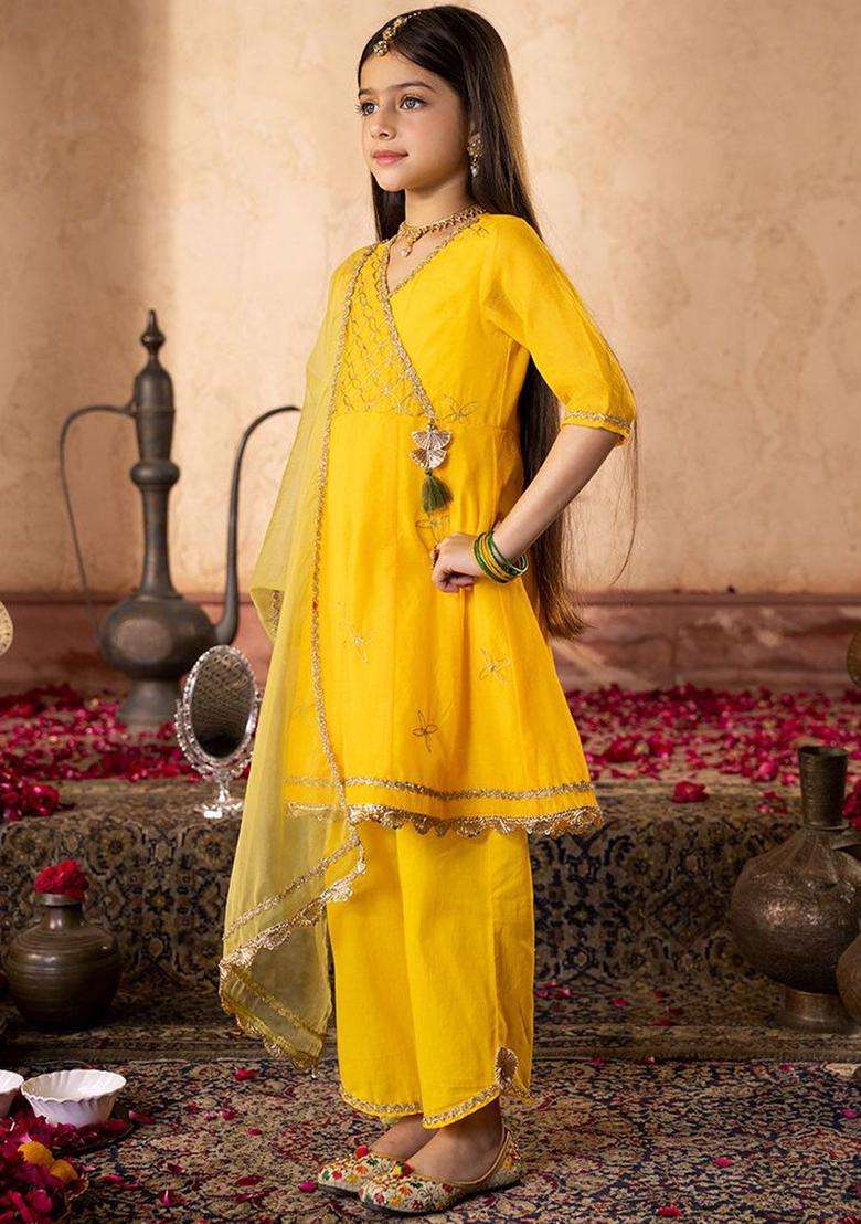 Yellow Embroidered Silk Kurta Set For Girls - Indya