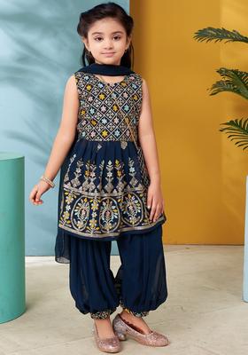 Turquoise Blue Embroidered Georgette Kurta Set For Girls