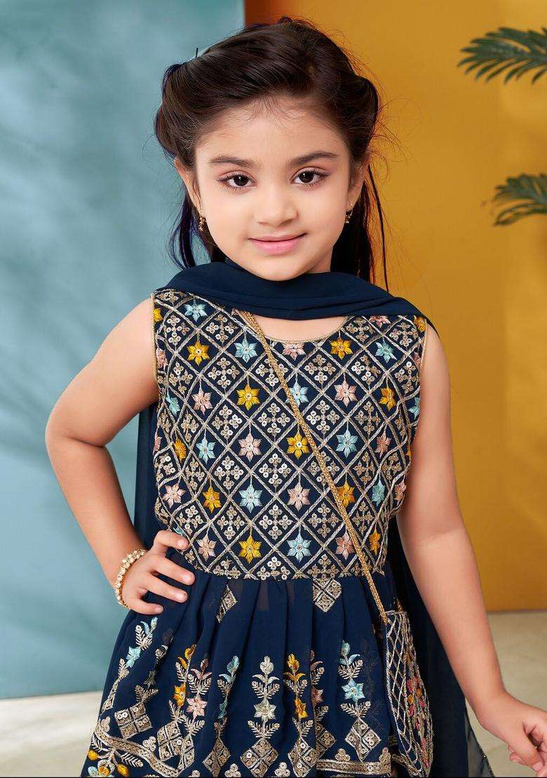 Turquoise Blue Embroidered Georgette Kurta Set For Girls - Indya