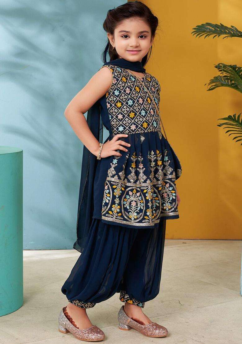 Turquoise Blue Embroidered Georgette Kurta Set For Girls - Indya