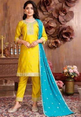 Yellow Embroidered Silk Kurta Set For Girls