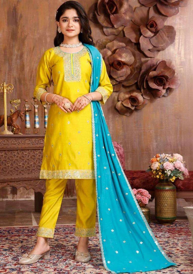 Yellow Embroidered Silk Kurta Set For Girls - Indya